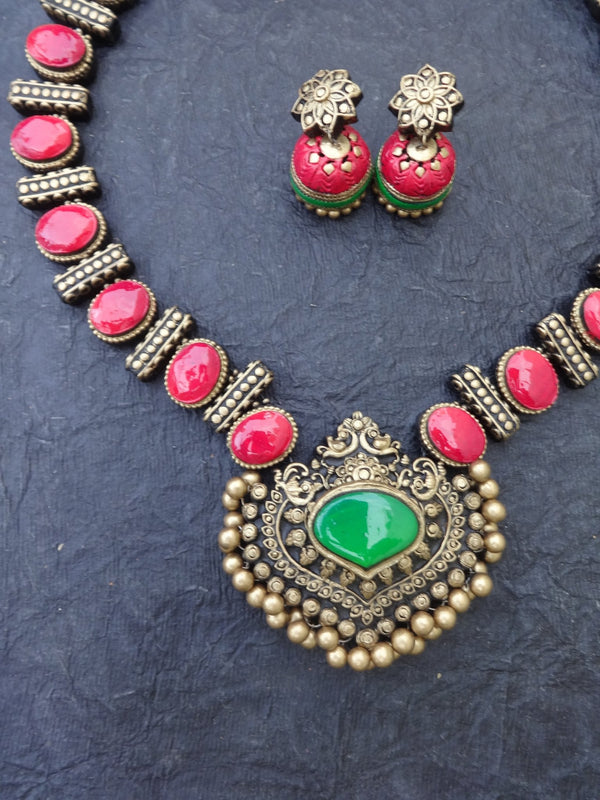 Adhira Pink & Gold Terracotta Necklace Set