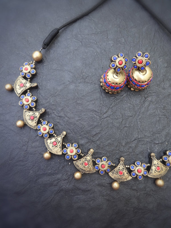 Ananya Blue & Red Terracotta Necklace Set - View 2