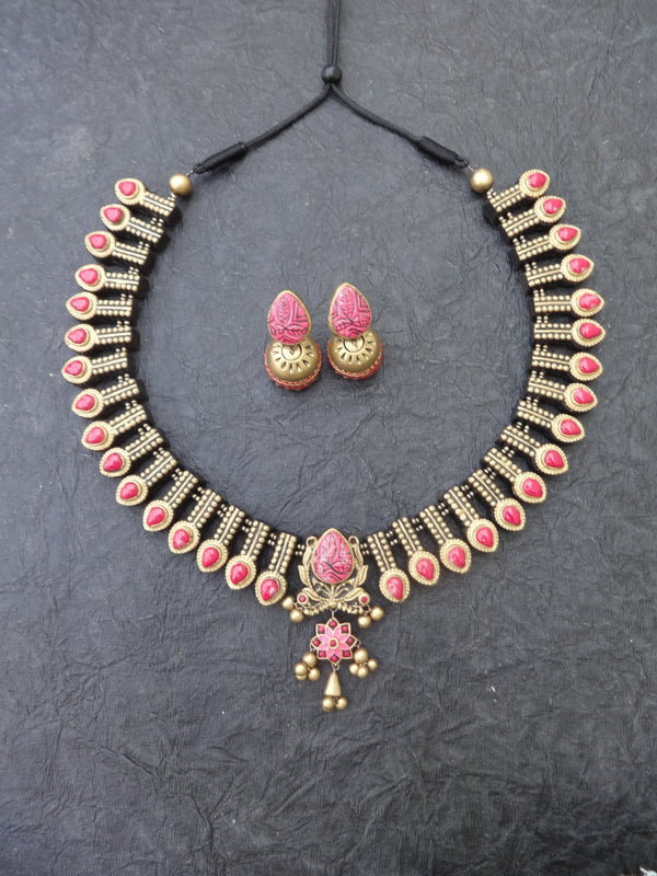 Brindha Pink & Gold Terracotta Choker Set