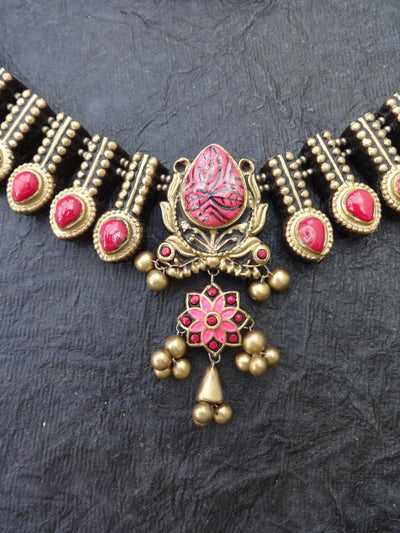 Brindha Pink & Gold Terracotta Choker Set - View 3