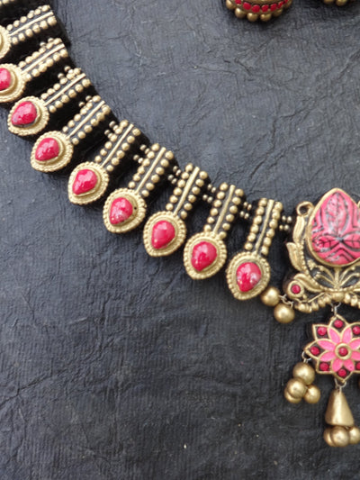 Brindha Pink & Gold Terracotta Choker Set - View 4