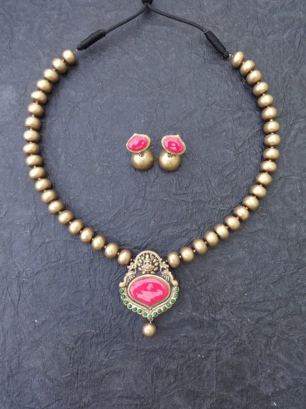Indus Terracotta Chithra — Pink & Gold Necklace Set
