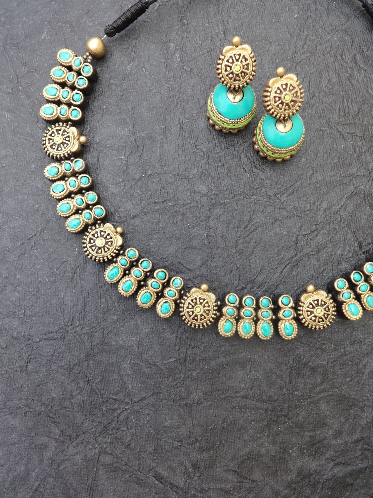 Eshwari Teal & Gold Terracotta Necklace Set - View 3