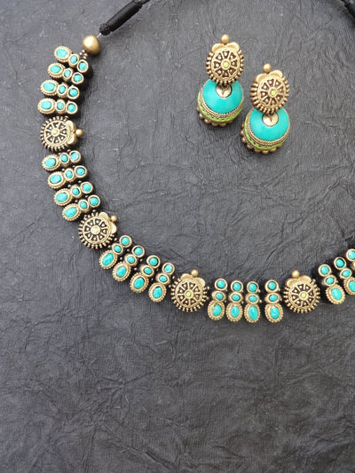 Eshwari Teal & Gold Terracotta Necklace Set - View 3