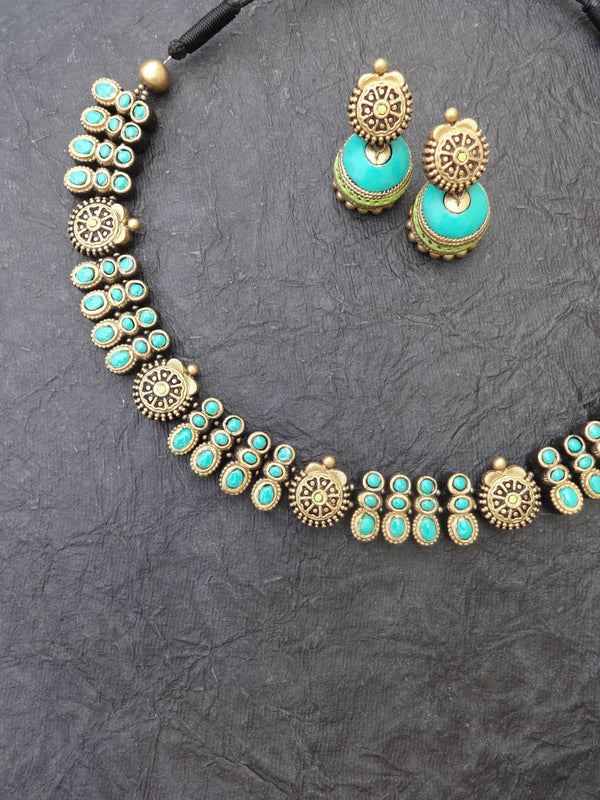 Eshwari Teal & Gold Terracotta Necklace Set - View 3