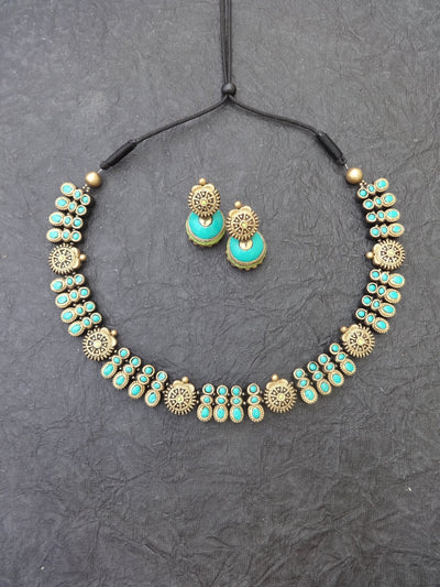 Eshwari Teal & Gold Terracotta Necklace Set - View 4