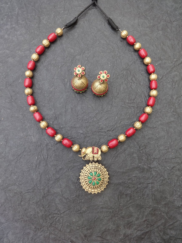 Fathima Pink & Gold Terracotta Necklace Set - View 2