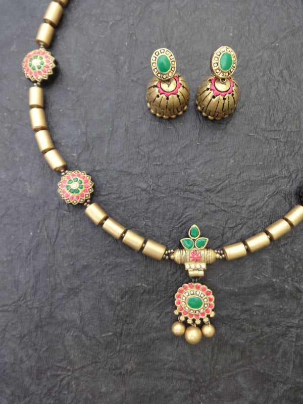 Hamsini Pink & Gold Terracotta Necklace Set - View 2