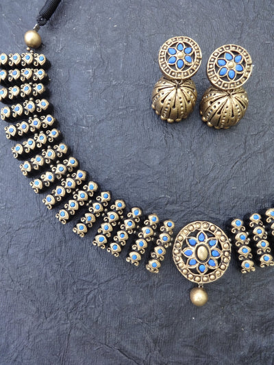 Ilamathi Blue & Gold Terracotta Necklace Set - View 3
