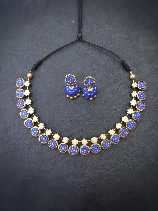Kalpana Blue & Gold Terracotta Necklace Set - View 2