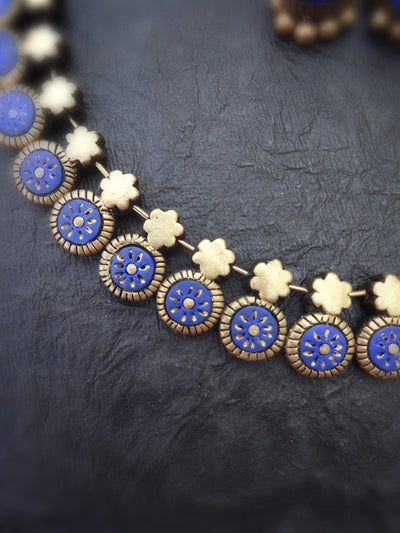 Kalpana Blue & Gold Terracotta Necklace Set - View 4
