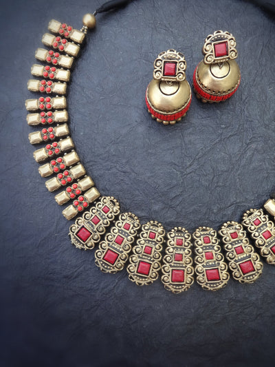 Lalitha Red & Gold Terracotta Choker Set - View 2