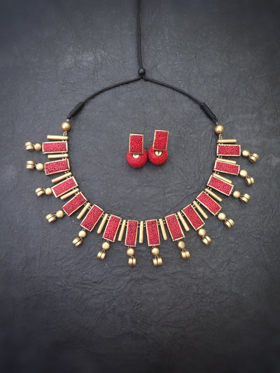 Lalitha Red & Gold Terracotta Choker Set - View 3