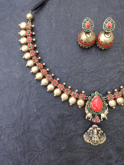 Mahalakshmi Pink & Gold Terracotta Necklace Set - View 4