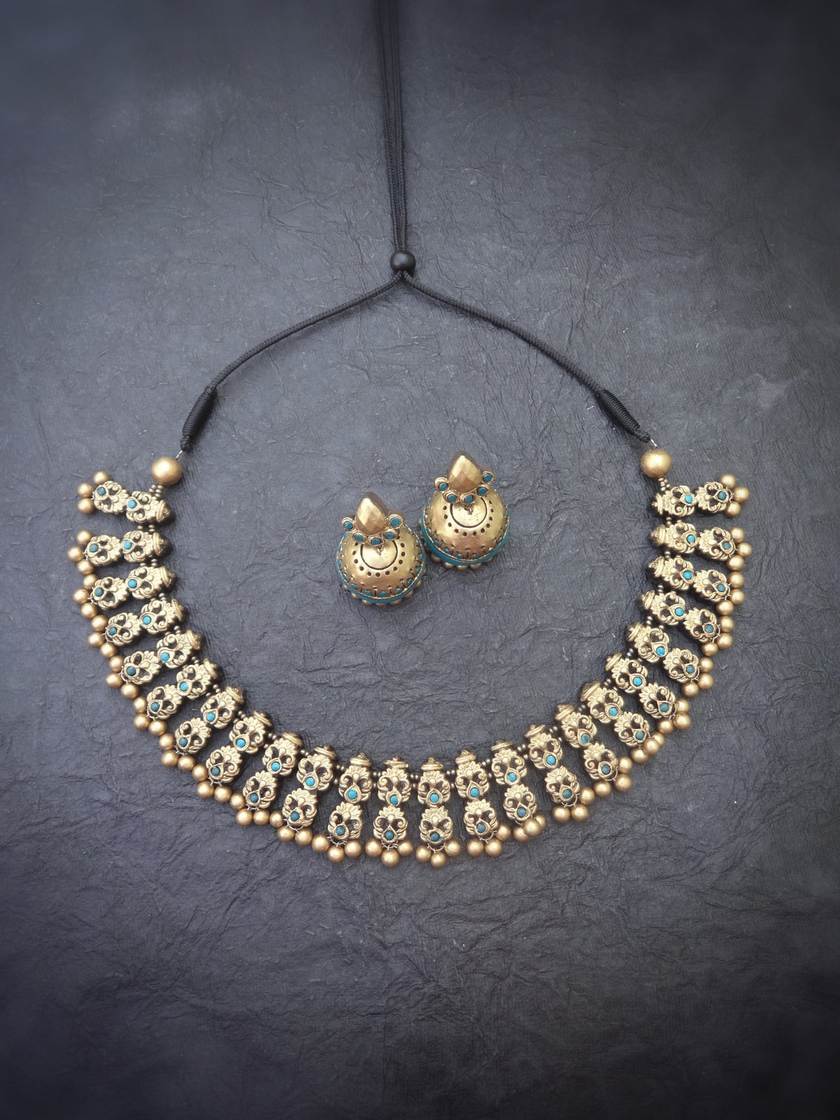Mayuri Teal & Gold Terracotta Necklace Set - View 2