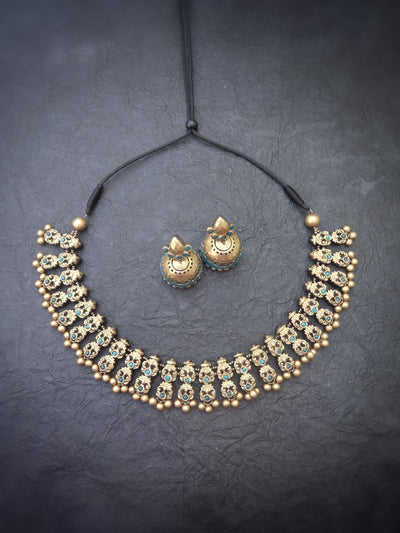 Mayuri Teal & Gold Terracotta Necklace Set - View 2