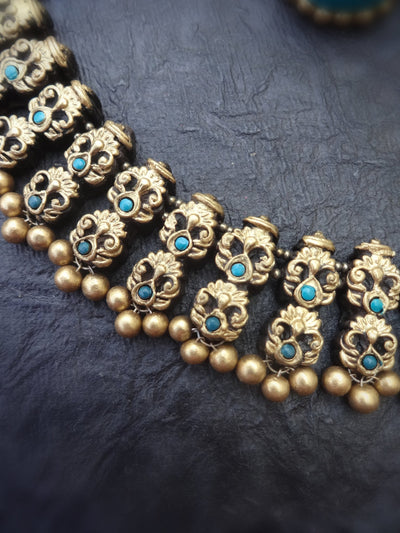 Mayuri Teal & Gold Terracotta Necklace Set - View 3