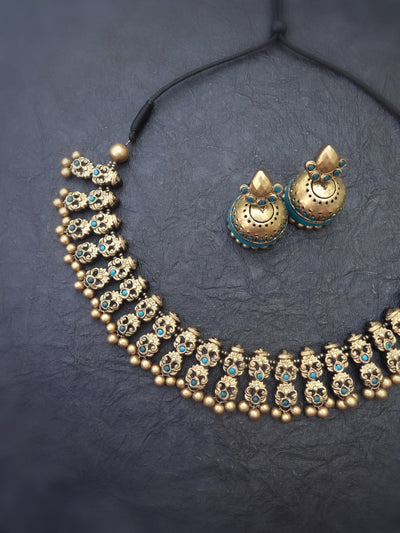 Mayuri Teal & Gold Terracotta Necklace Set - View 4