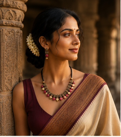 Meenakshi Pink Gold Terracotta Necklace Set | Handmade Temple Jewellery