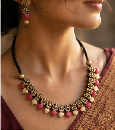 Meenakshi Pink Gold Terracotta Necklace Set | Handmade Temple Jewellery