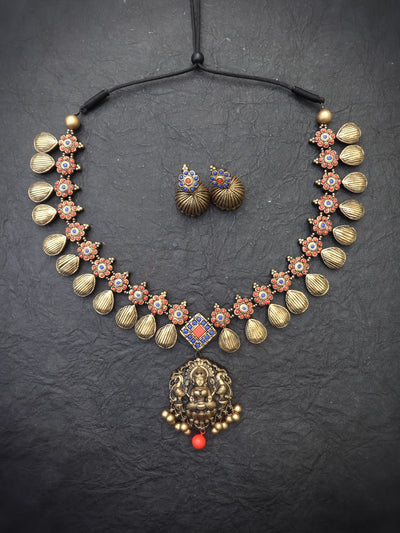 Oorvasi Antique Gold Terracotta Necklace Set - View 5