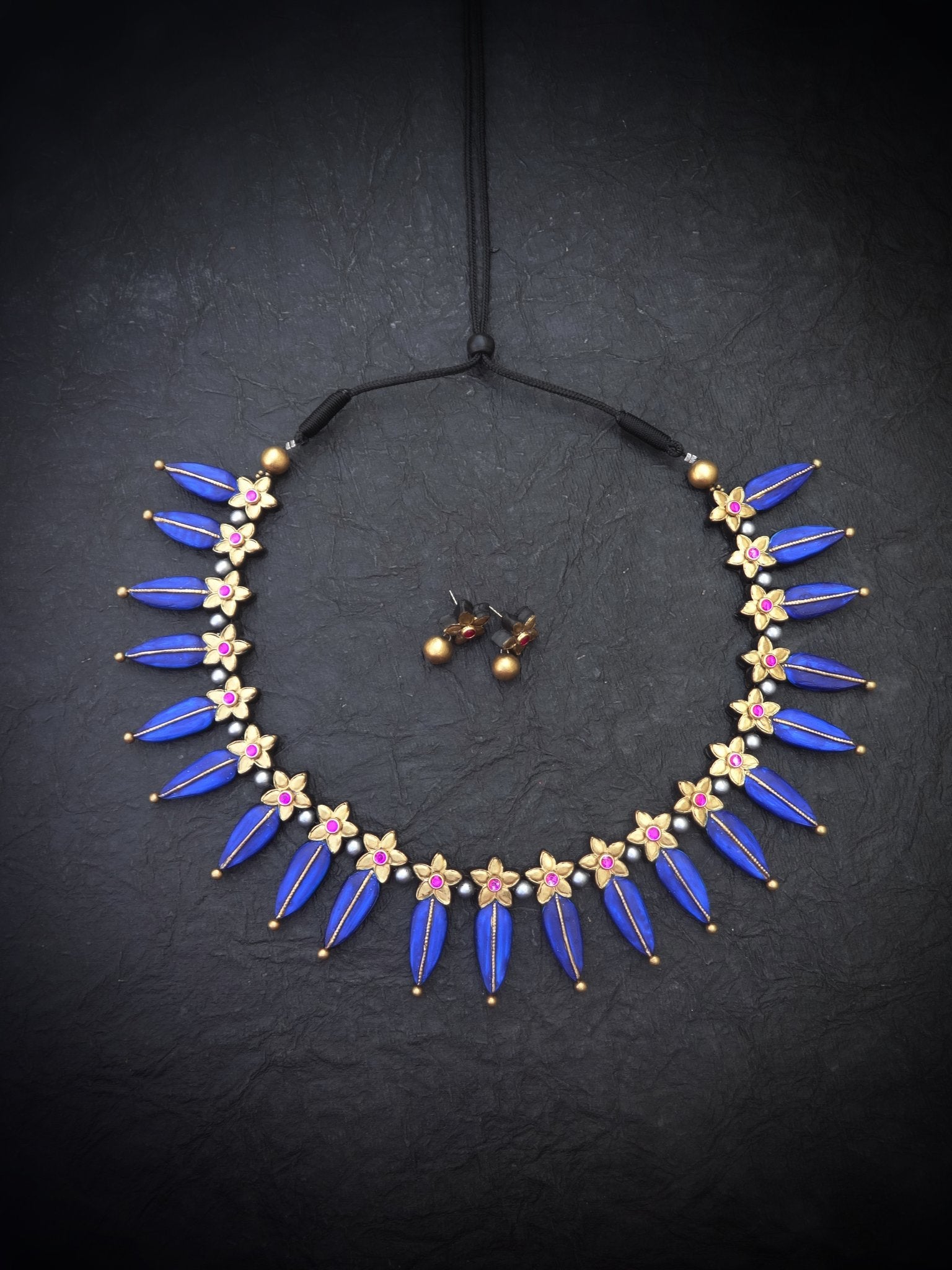 Padmini Blue & Gold Terracotta Necklace Set | Handcrafted Indian Jewelry