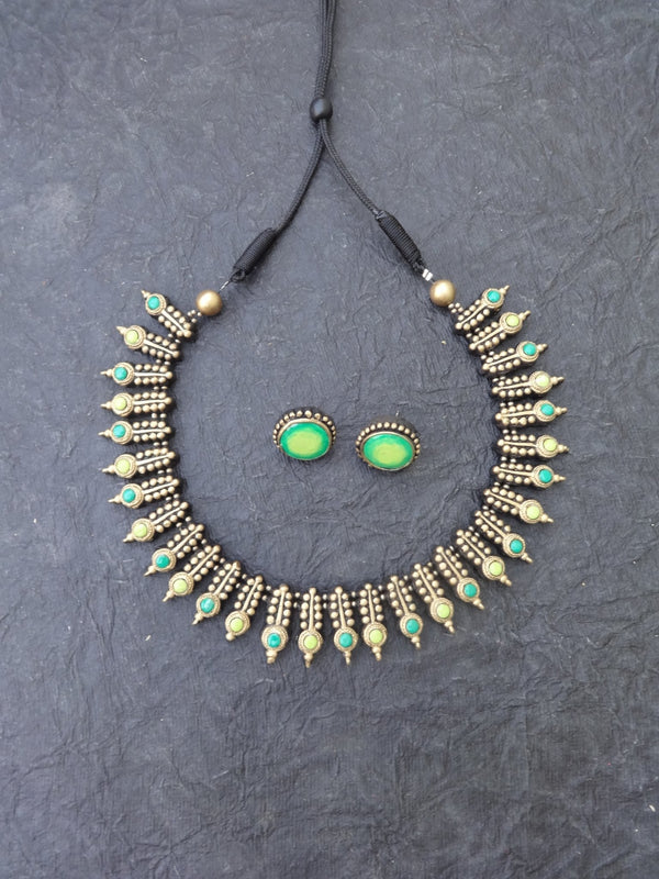 Ragini Teal & Gold Terracotta Necklace Set - View 4