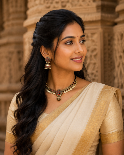 Woman in traditional attire with jewelry against a textured wall background_