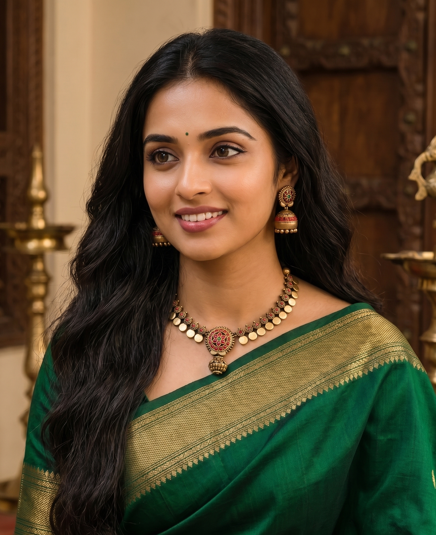 Woman wearing a green saree with gold border indoors