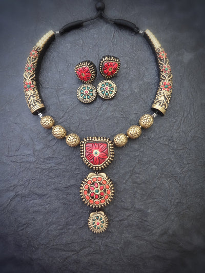 Saroja Red & Gold Terracotta Necklace Set - View 2