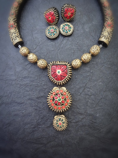 Saroja Red & Gold Terracotta Necklace Set - View 3