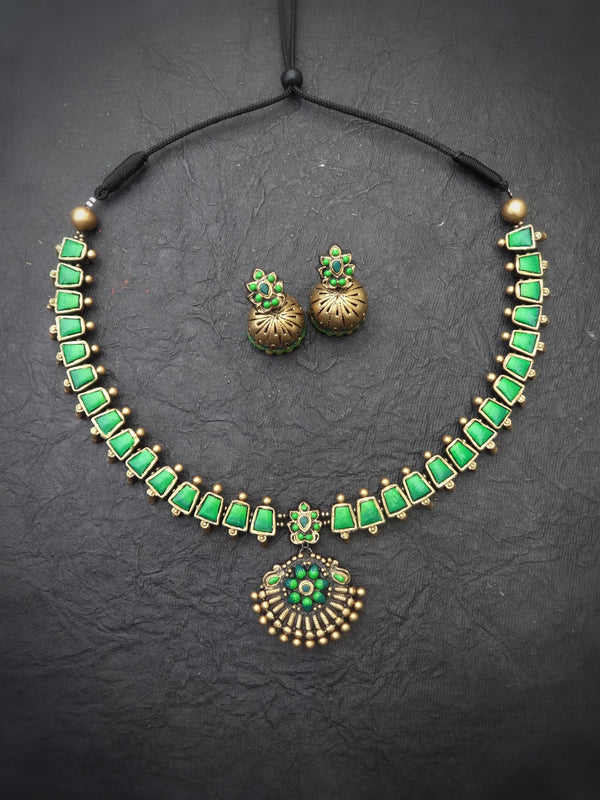 Vaani Green & Gold Terracotta Necklace Set - View 2