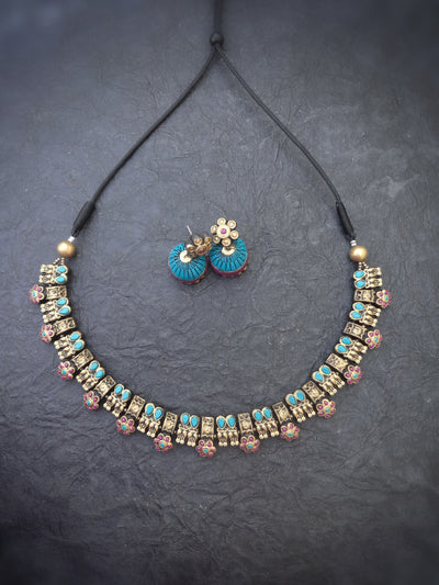Indus Terracotta Bhavani — Teal & Gold Necklace Set