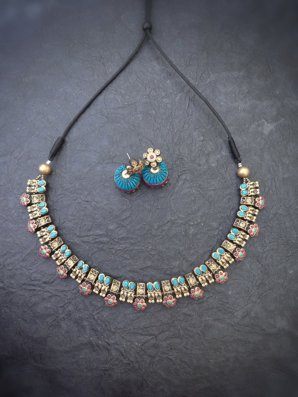 Indus Terracotta Bhavani — Teal & Gold Necklace Set