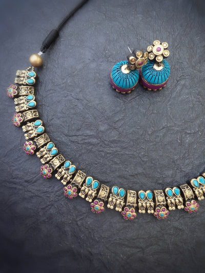 Indus Terracotta Bhavani — Teal & Gold Necklace Set