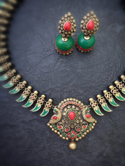 Indus Terracotta Dhanam — Green & Gold Necklace Set