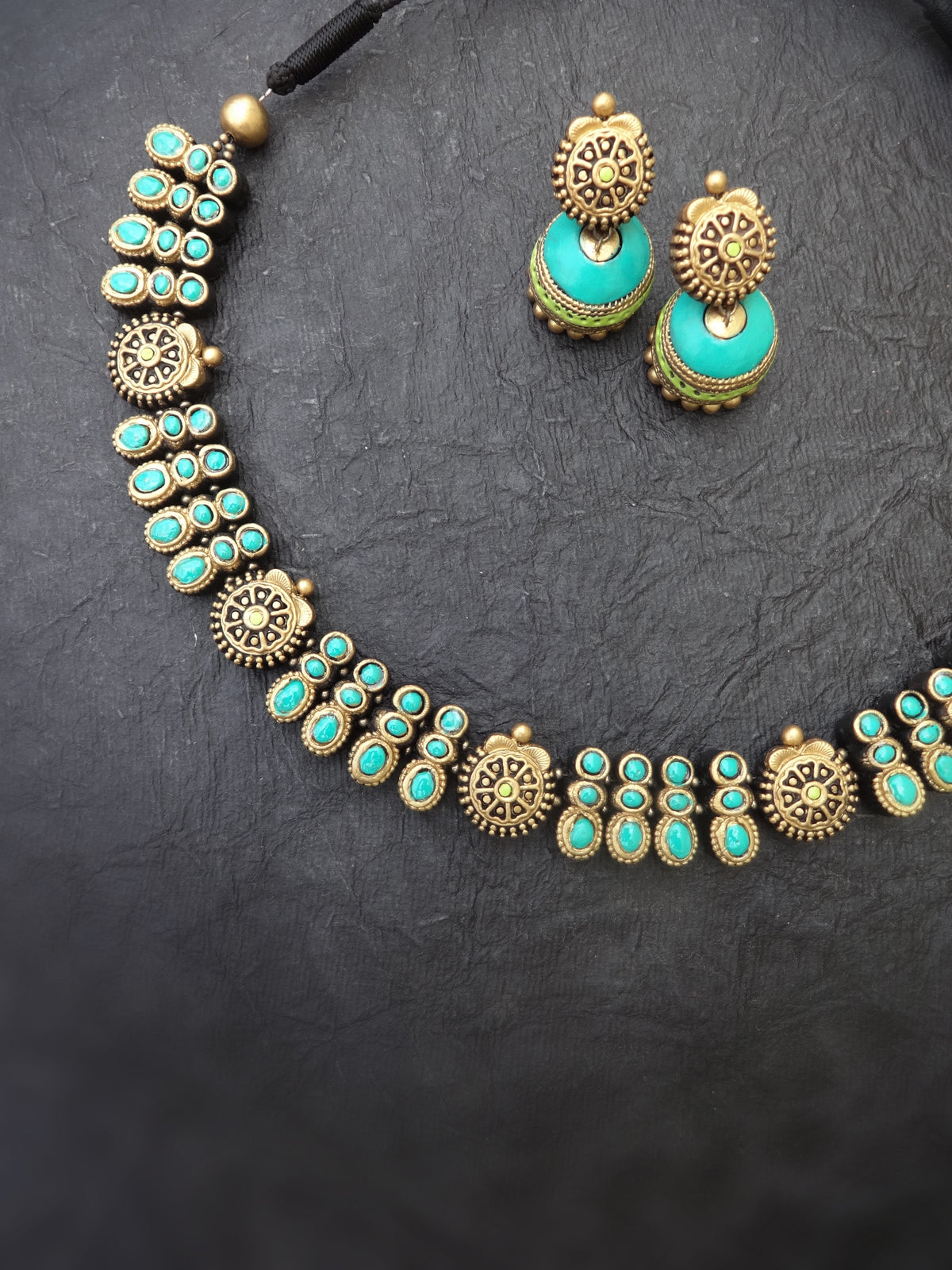 Indus Terracotta Eshwari — Teal & Gold Necklace Set