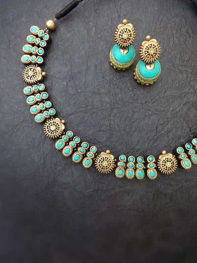 Indus Terracotta Eshwari — Teal & Gold Necklace Set