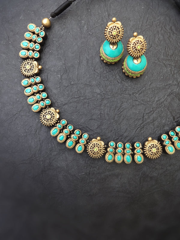 Indus Terracotta Eshwari — Teal & Gold Necklace Set