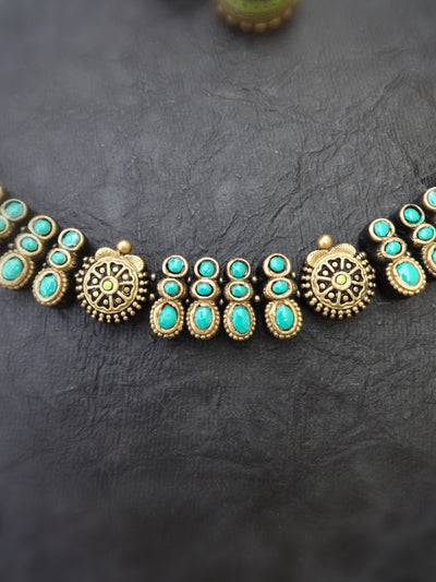 Indus Terracotta Eshwari — Teal & Gold Necklace Set