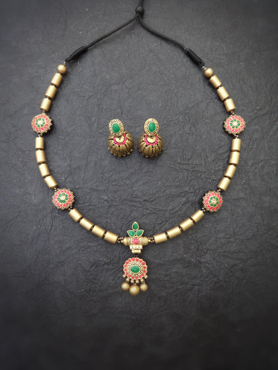 Indus Terracotta Hamsini — Pink & Gold Necklace Set