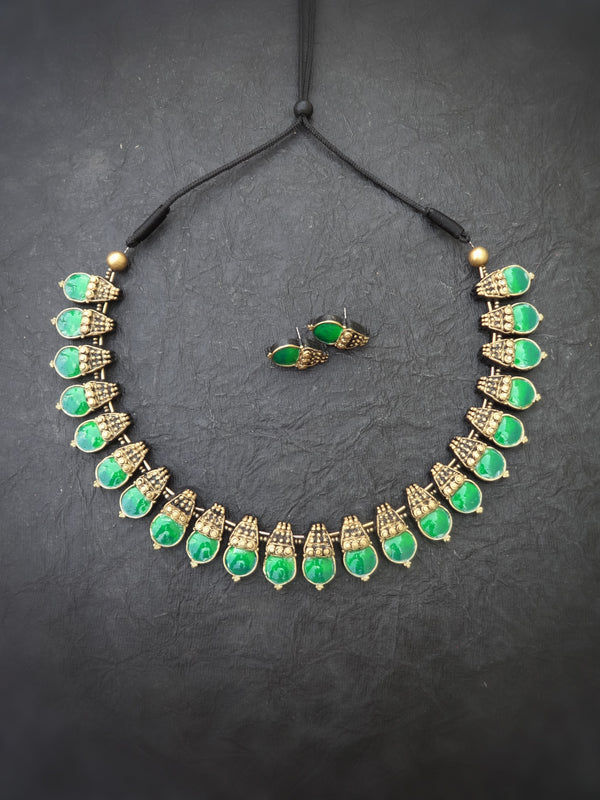 Indus Terracotta Isai — Green & Gold Necklace Set