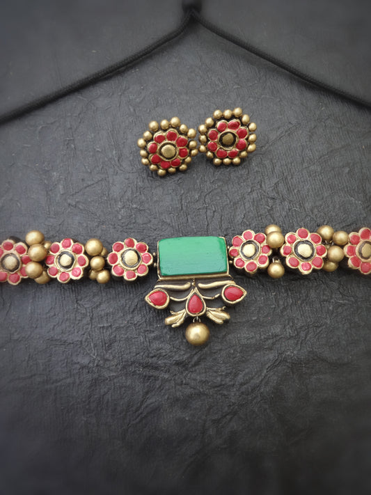Indus Terracotta Aira — red & Gold Necklace Set