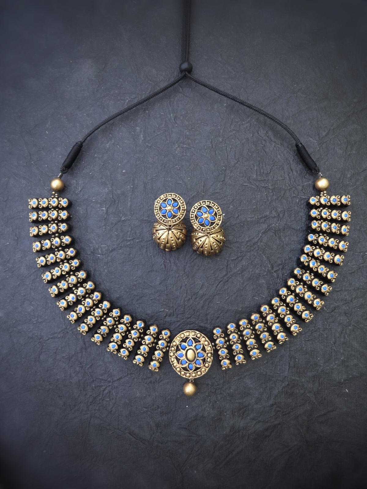 Indus Terracotta Ilamathi — Blue & Gold Necklace Set