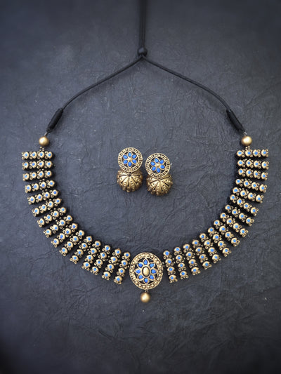 Indus Terracotta Ilamathi — Blue & Gold Necklace Set