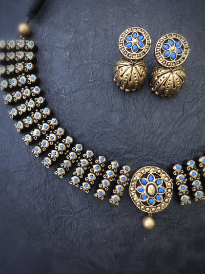 Indus Terracotta Ilamathi — Blue & Gold Necklace Set