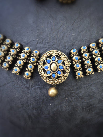 Indus Terracotta Ilamathi — Blue & Gold Necklace Set