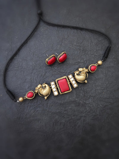 Indus Terracotta Thoorigai — wine & Gold Necklace Set