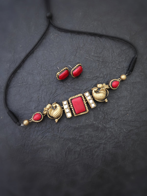 Indus Terracotta Thoorigai — wine & Gold Necklace Set