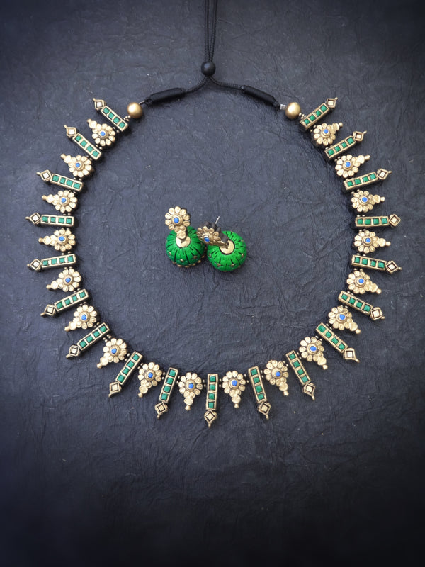 Indus Terracotta Ethiroli — Teal & Gold Necklace Set